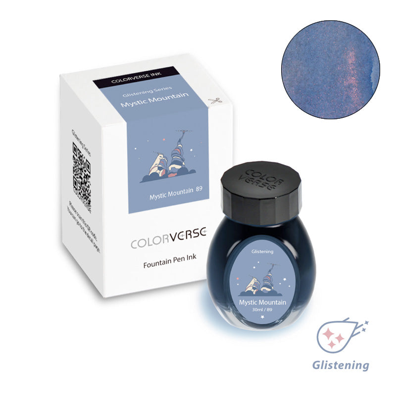 Colorverse Mystic Mountain fountain pen ink, 30ml, featuring a dusky blue-purple hue with rose-gold shimmer. Includes display box and swatch. Part of the Glistening Series.