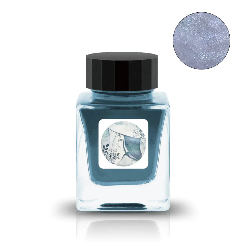 Nanbokucho (Shimmer) - 2ml sample by Tono & Lims, featuring a teal-blue ink with silvery shimmer in a square glass bottle with black cap.