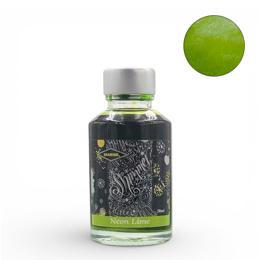 Diamine Neon Lime Shimmer fountain pen ink, 50ml glass bottle with bright yellow-green shimmer, ideal for writing enthusiasts and collectors. Acid-free and vegan-friendly.