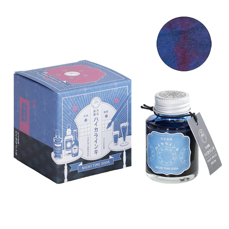 Night Time Soda - 40ml fountain pen ink by Teranishi Chemical Industry, with matching decorative box depicting a gin and soda theme, screw-top lid, and hang tag.