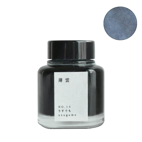 Kyo No Oto No. 15 Usugumo fountain pen ink, 40ml. Glass bottle with muted blue-grey label, inspired by traditional Japanese colors and literature.
