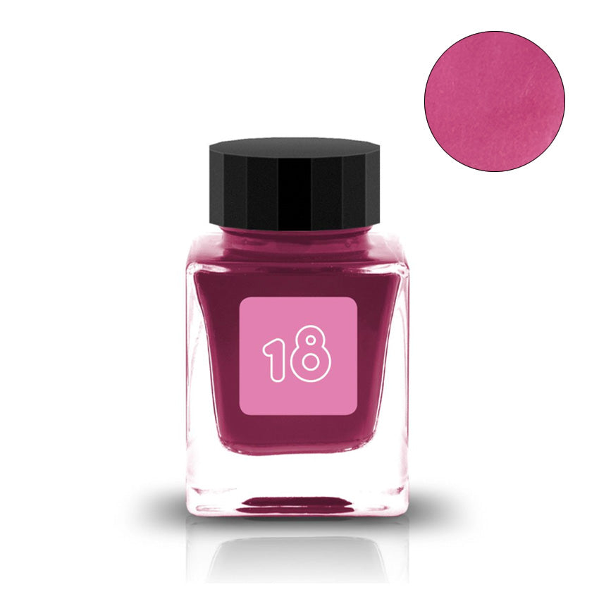 Tono & Lims No.18 I Am Busy In Relaxing fountain pen ink, 30ml glass bottle, deep rose-pink shade with color swatch.