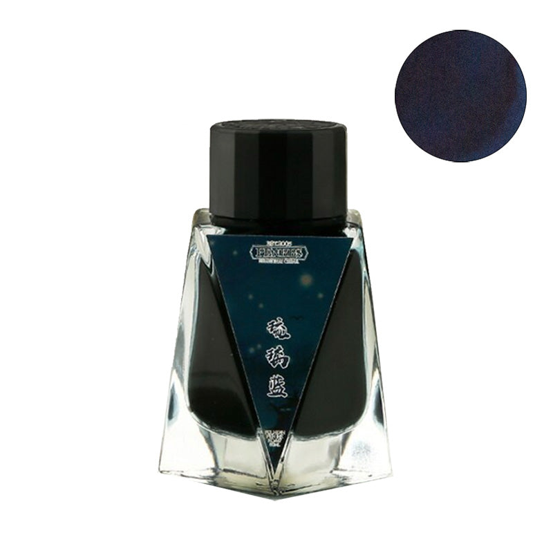 PENBBS No.447 Glaze Blue fountain pen ink in a 30ml clear triangular glass bottle with black cap, showcasing dark-blue dye-based ink.