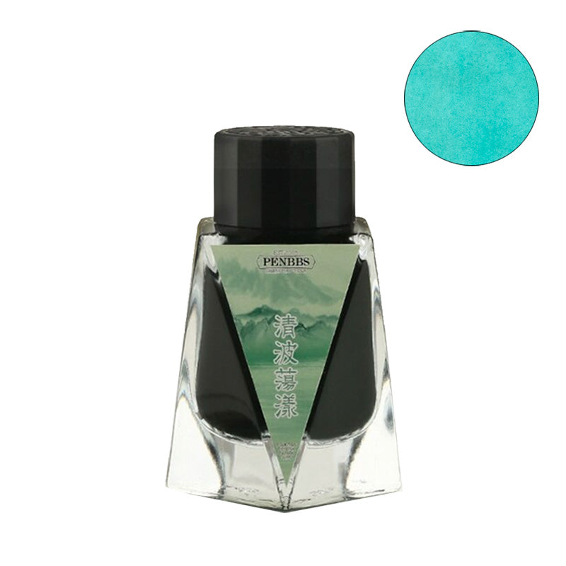 PENBBS No.448 Waves Rippling fountain pen ink, 30ml. Triangular glass bottle with black cap and green label, containing turquoise-teal dye-based ink.