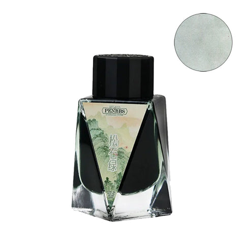 PenBBS No.526 Turquoise fountain pen ink, 30ml bottle, with a pale green-gray swab, highlighting its dye-based, pigment, waterproof properties.