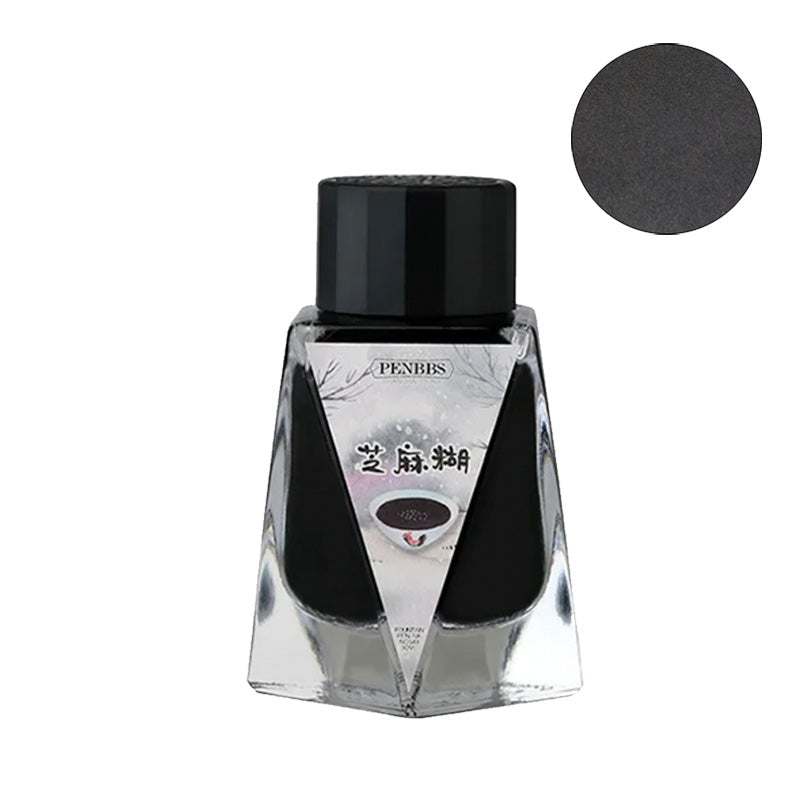 PENBBS No.543 Sesame Paste fountain pen ink, 30ml bottle, features a deep charcoal hue with 芝麻糊 label, ideal for Desk Bandit's writing supplies collection.