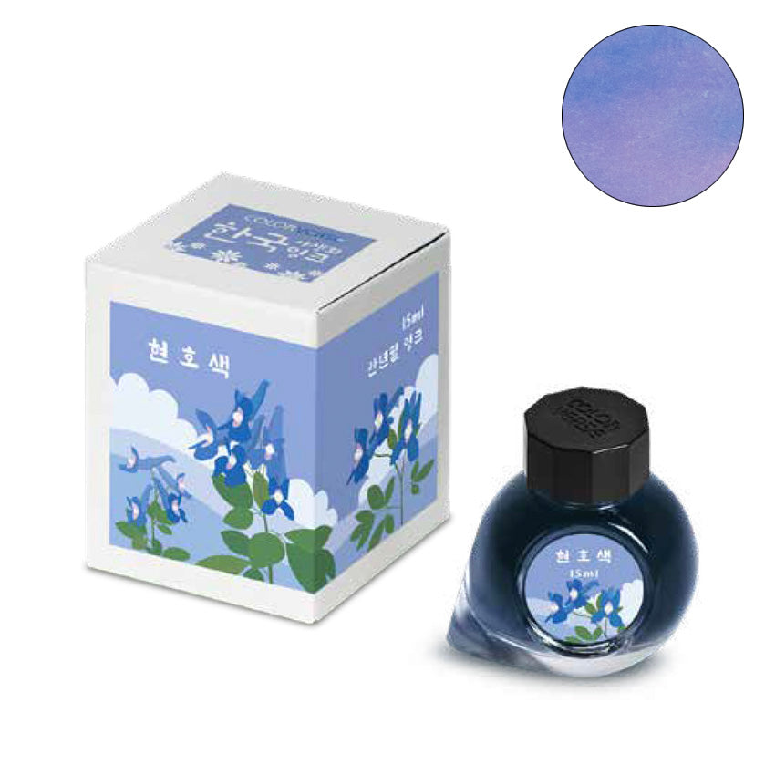 Project Ink No.066 Corydalis - 15ml bottle with blue floral design, includes matching box and periwinkle-purple ink swatch, showcasing high-quality Korean craftsmanship.