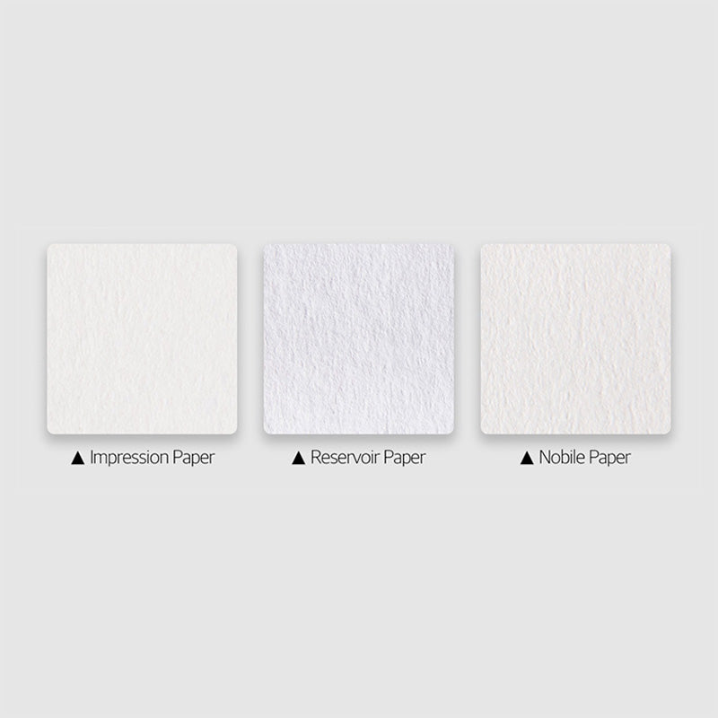 Wearingeul Nobile Notepad - A5 (Ruled) with 101gsm fountain pen friendly paper, showcasing three textured paper samples: Impression, Reservoir, and Nobile, highlighting texture differences.