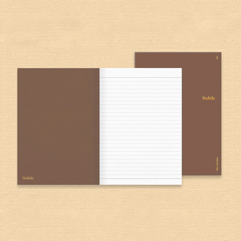 Wearingeul Nobile Notebook - A5 (Ruled) with plain brown cover, showcasing 101gsm fountain pen-friendly paper, ideal for vibrant ink expression. Open notebook reveals 7mm ruled pages.