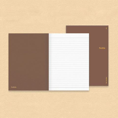 Wearingeul Nobile Notebook - A5 (Ruled) with plain brown cover, showcasing 101gsm fountain pen-friendly paper, ideal for vibrant ink expression. Open notebook reveals 7mm ruled pages.