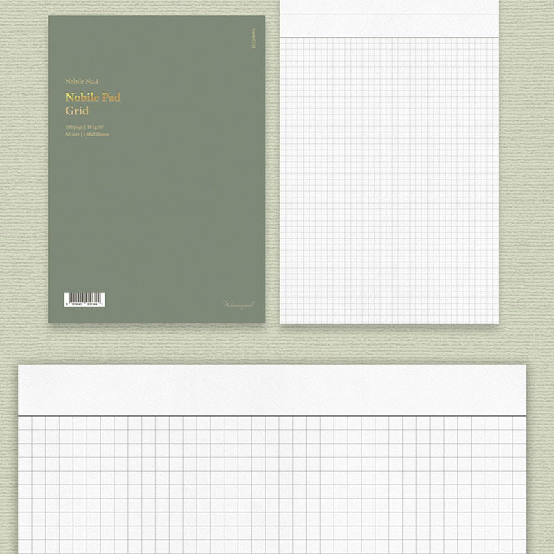 Nobile Notepad - A5 (Grid) by Wearingeul, featuring 100 fountain pen friendly pages, olive-green cover with gold lettering, and light grey grid interior. Ideal for ink color expression.