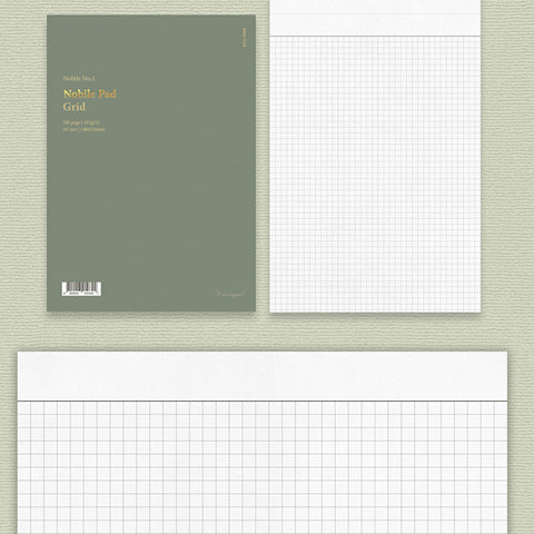 Nobile Notepad - A5 (Grid) by Wearingeul, featuring 100 fountain pen friendly pages, olive-green cover with gold lettering, and light grey grid interior. Ideal for ink color expression.