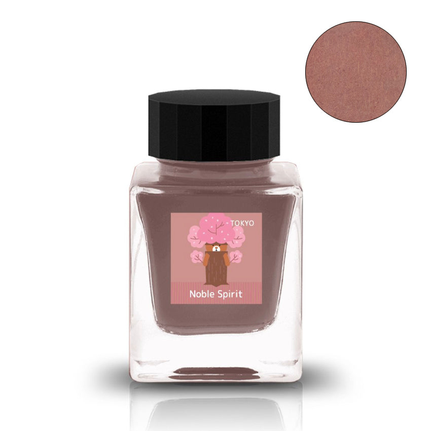 Square glass bottle of Noble Spirit (Tokyo Special) - 30ml ink with a pink label featuring blossoms and a bear, by Tono & Lims.