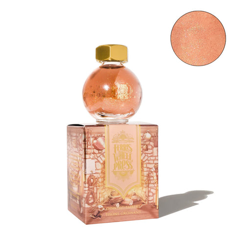 Ferris Wheel Press The Three Little Pigs - Oinking Embers, 20ml shimmering fountain pen ink in a round glass jar with gold cap, displayed on illustrated slip-box.