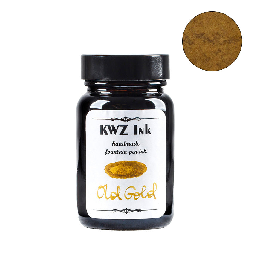 KWZ Ink Old Gold - 60ml fountain pen ink in a glass bottle, showcasing a warm antique-gold color swatch. Handmade, dye-based, part of KWZ's unique collection.