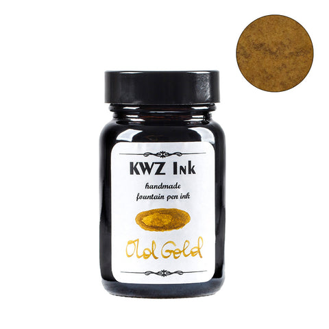 KWZ Ink Old Gold - 60ml fountain pen ink in a glass bottle, showcasing a warm antique-gold color swatch. Handmade, dye-based, part of KWZ's unique collection.