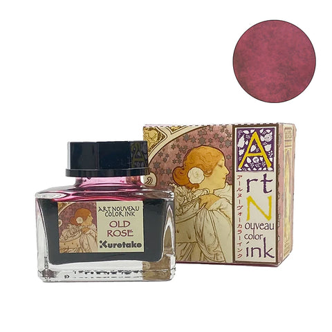 Kuretake Art Nouveau - Old Rose fountain pen ink, 50ml. Glass bottle with decorative box featuring Art Nouveau illustration. Available at Desk Bandit, Australian stationery store.