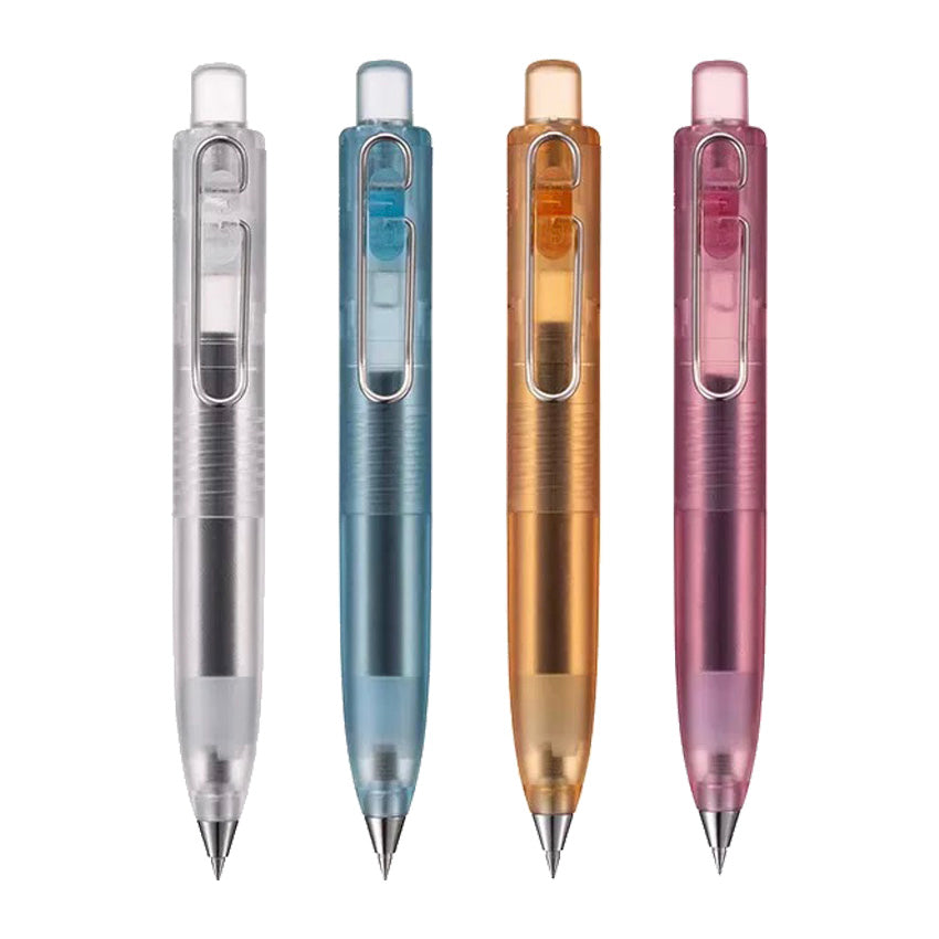 Uni-ball One P Gel Pen (Raspberry Juice) - 0.5mm, features a compact translucent barrel with a metal clip and pop-up eraser, offering stylish everyday writing.