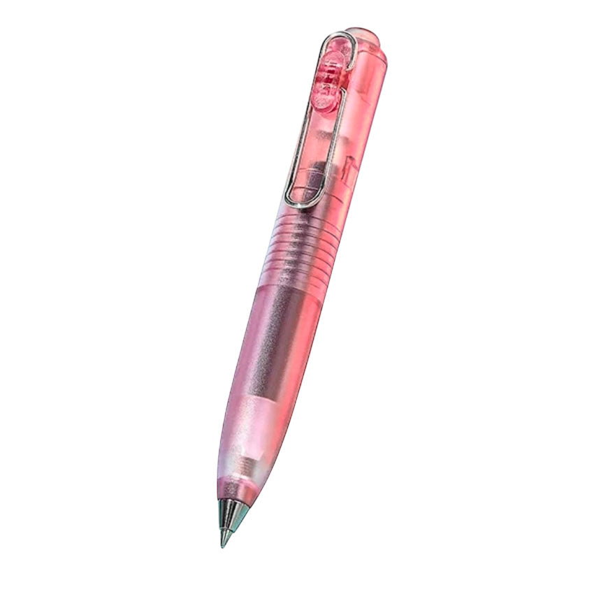 Uni-ball One P Gel Pen, Raspberry Juice, 0.5mm, translucent pink with visible ink cartridge and metal clip, compact for easy note-taking and journaling.