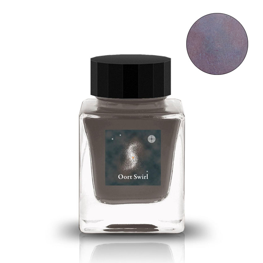 Oort Swirl - 30ml fountain pen ink by Tono & Lims, in a glass bottle with black cap, features a muted purplish-brown hue.