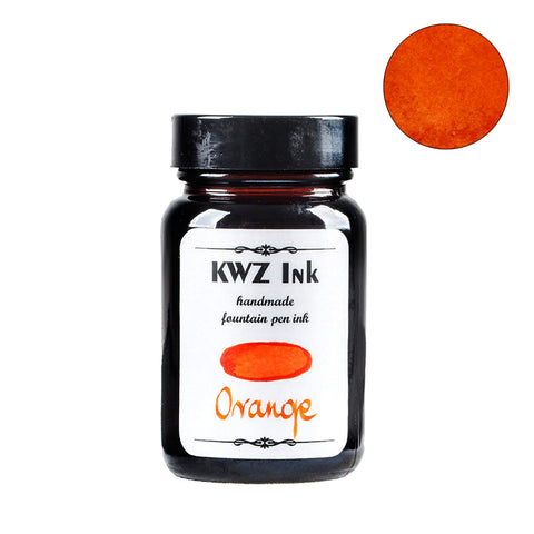 KWZ Ink Orange fountain pen ink in a 60ml glass bottle, featuring a white label and matching orange ink swatch, showcasing Desk Bandit's unique stationery selection.