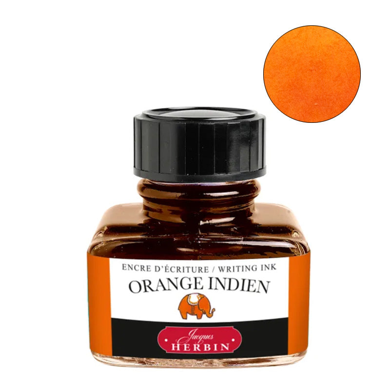 Jacques Herbin Orange Indien fountain pen ink, 30ml glass bottle, with a bright orange hue swatch visible on the label.