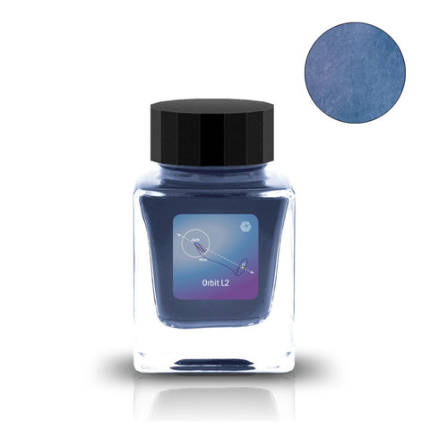 Tono & Lims Orbit L2 fountain pen ink, 30ml deep-blue dye-based, featuring Earth-Moon Lagrange 2 schematic and color swatch, part of Deeep Space series.