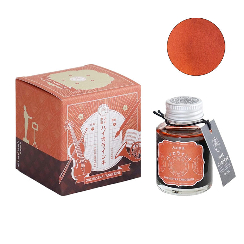 Teranishi Chemical Industry Orchestra Tangerine fountain pen ink, 40ml bottle, with vintage-themed packaging and color swatch, available at Desk Bandit, specializing in Japanese stationery.
