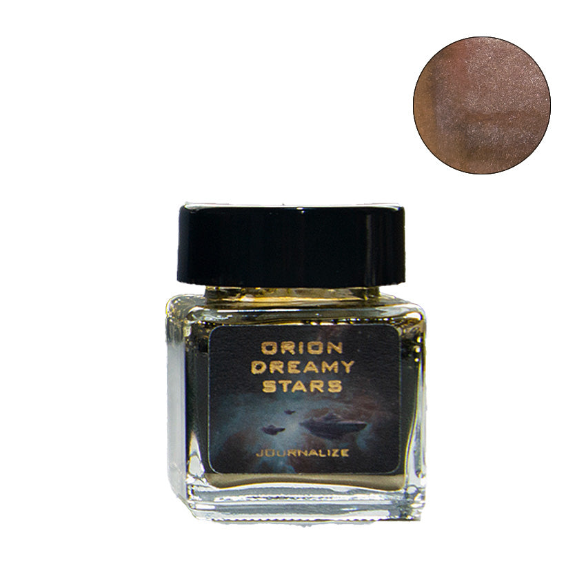 Orion Dreamy Stars (Shimmer) - 30ml fountain pen ink by Journalize in a glass bottle with a shimmering bronze-brown hue, part of the Nebula collection.