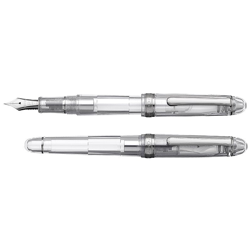 Platinum #3776 Century Oshino fountain pen, showcasing a transparent barrel with piston mechanism, stainless-steel nib, and metal clip, displayed capped and uncapped.