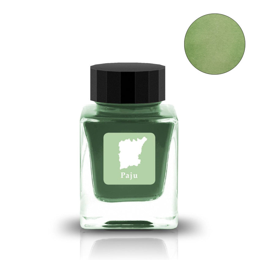 Tono & Lims Paju (Harmony) fountain pen ink, 30ml square glass bottle with black cap, showcasing a leafy-green dye-based color swatch.