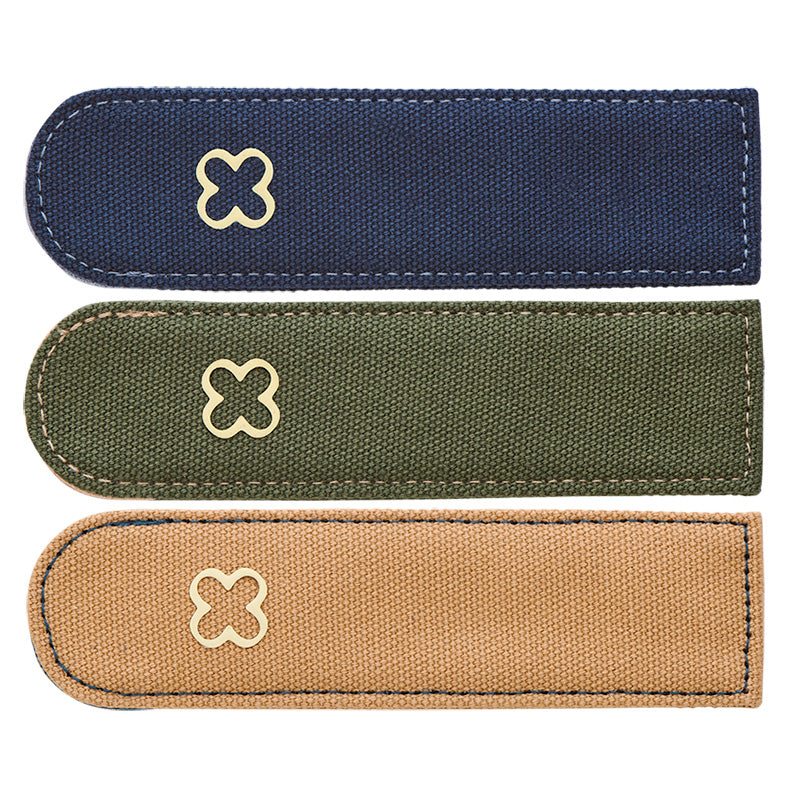 Esterbrook Pen Pocket Canvas Sleeve (Navy) featuring a stitched edge and clover-shaped logo, ideal for protecting fountain pens, complements Desk Bandit's refined stationery collection.