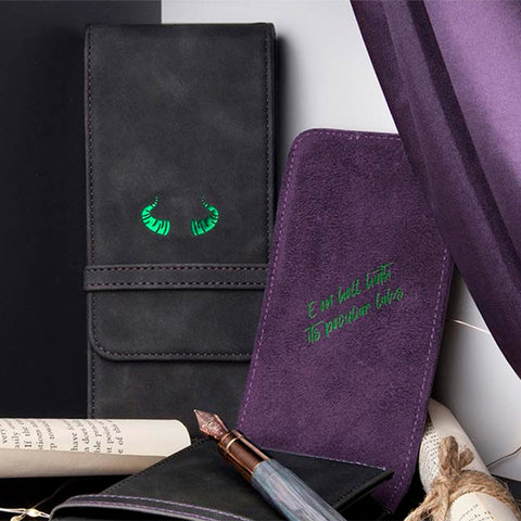 Wearingeul World Classic Literature Pen Pouch (Faust) in black eco-leather, embossed with green horn motif, suede-like interior with script, includes fountain pen and scroll.