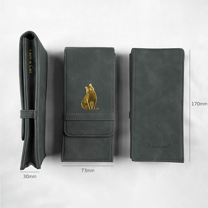 Wearingeul World Classic Literature Pen Pouch (I Am a Cat) in dark gray eco-leather, featuring a gold cat silhouette and embossed title.