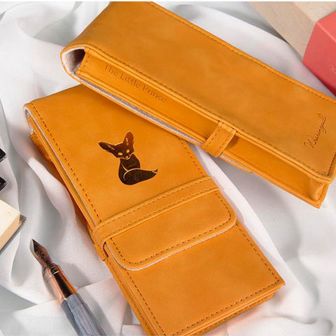 Wearingeul World Classic Literature Pen Pouch featuring The Little Prince embossing and fox silhouette, designed for storing three pens with adjustable dividers, showcasing premium eco-leather craftsmanship.