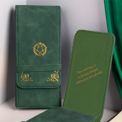 Wearingeul World Classic Literature Pen Pouch (The Wonderful Wizard of Oz), dark green eco-leather with gold foil pentacle design, open to reveal inspirational quote inside.