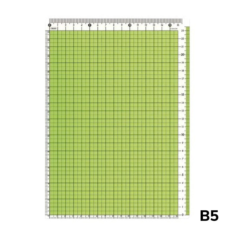 B5 Pencil Board (Green) by Kyoei Orions, featuring a self-healing surface with a 1 cm grid and metric rulers, ideal for precision cutting and crafting.