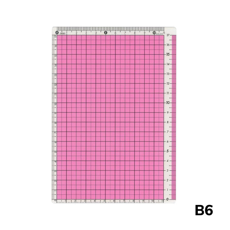 B6 Pencil Board (Pink) by Kokuyo, a self-healing cutting mat with 1 cm grid and edge rulers, ideal for precision crafting and measuring.