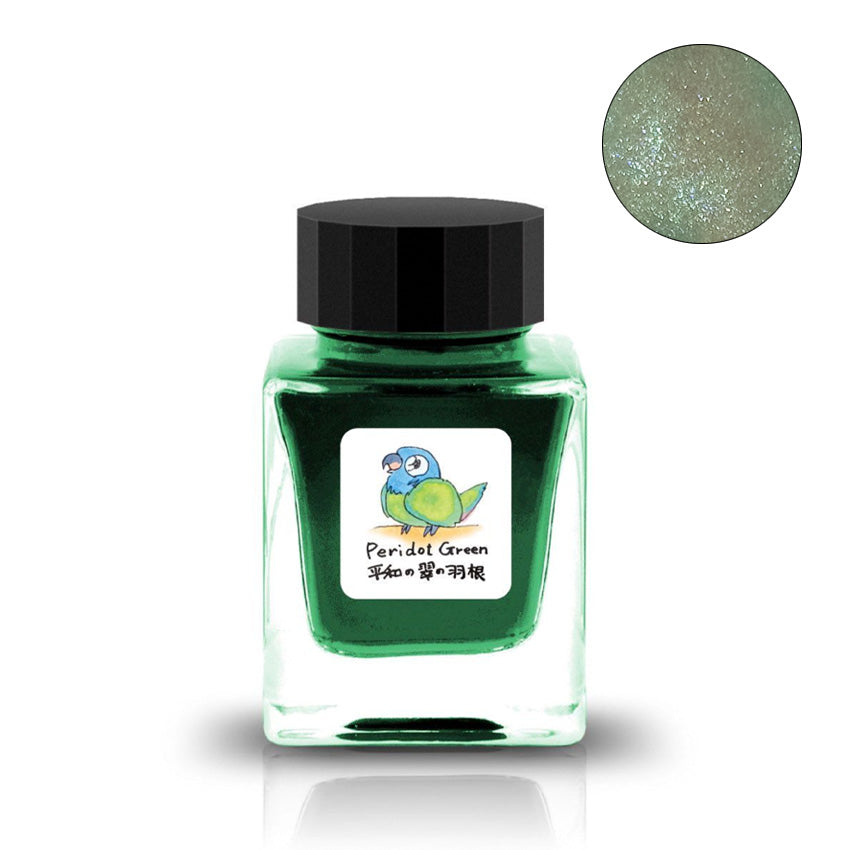 Tono & Lims Peridot Green (Shimmer) fountain pen ink, 30ml, featuring a green parakeet on the label and showcasing a shimmering swirl effect.