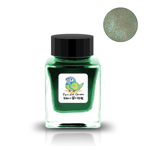 Tono & Lims Peridot Green (Shimmer) fountain pen ink, 30ml, featuring a green parakeet on the label and showcasing a shimmering swirl effect.