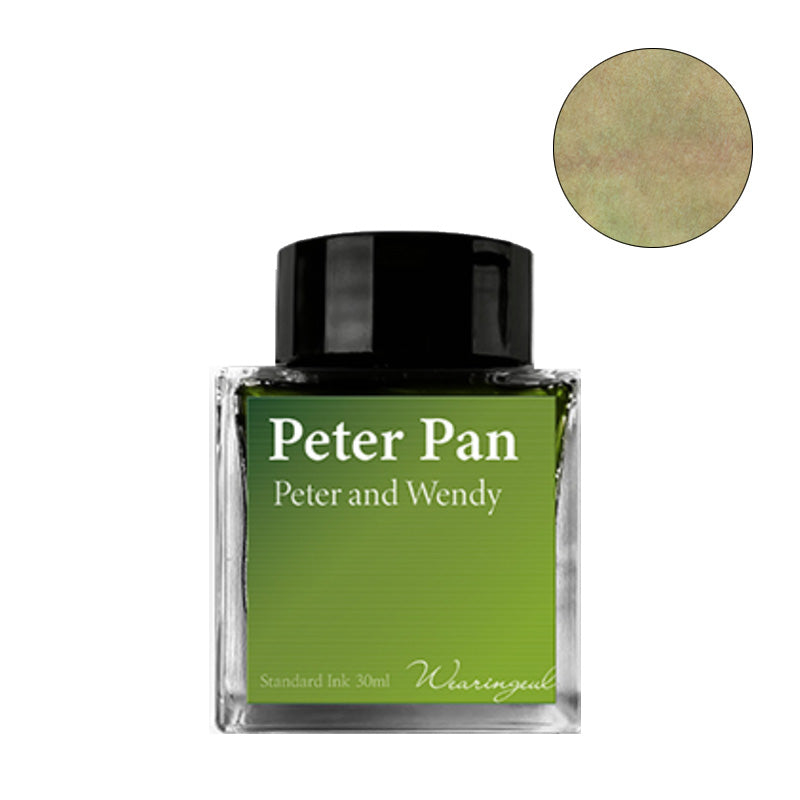 Wearingeul Peter Pan 30ml fountain pen ink in a glass bottle, featuring a soft, shading green hue inspired by classic literature.