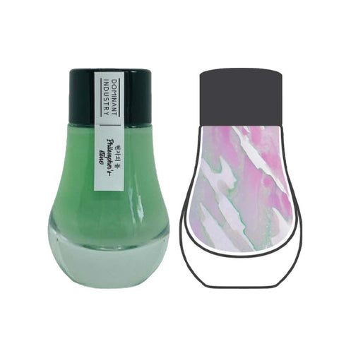 Philosopher's Stone calligraphy ink by Dominant Industry, 2ml sample, featuring a mint-green bottle design and conceptual pastel color illustration, ideal for vibrant writing.