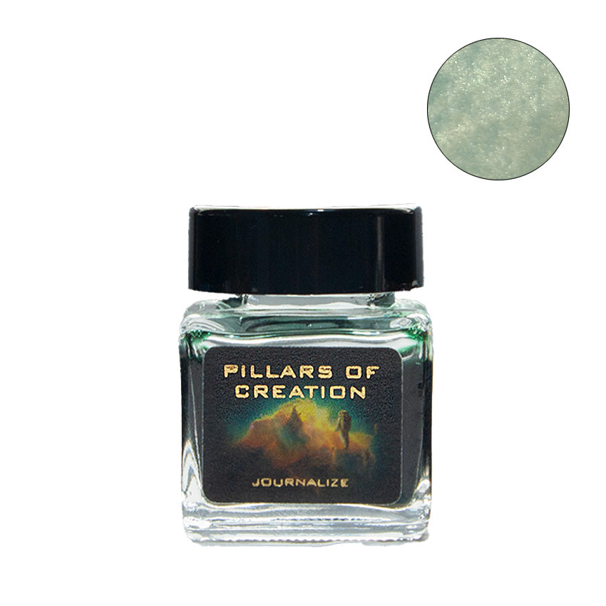 Journalize Pillars of Creation Shimmer fountain pen ink, 30ml glass jar, showcasing pale mint-green sparkle from the Nebula collection.