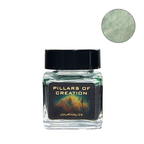 Journalize Pillars of Creation Shimmer fountain pen ink, 30ml glass jar, showcasing pale mint-green sparkle from the Nebula collection.