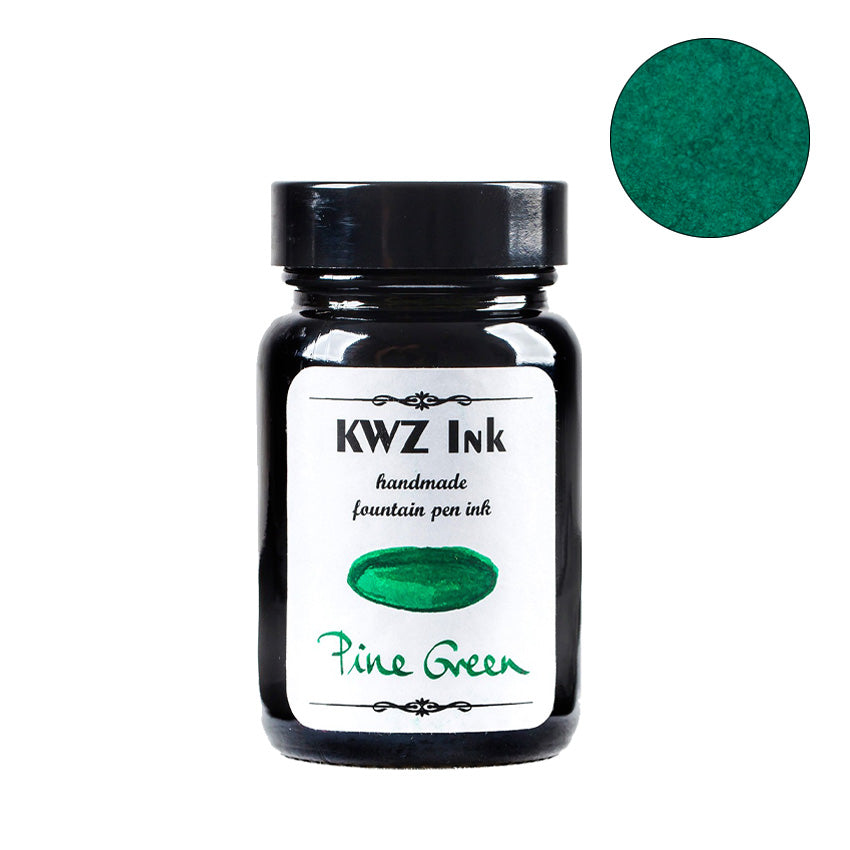 KWZ Ink Pine Green fountain pen ink, 60ml glass jar with black cap. White label features brand, product type, and green swatch. Forest-green ink close-up included.