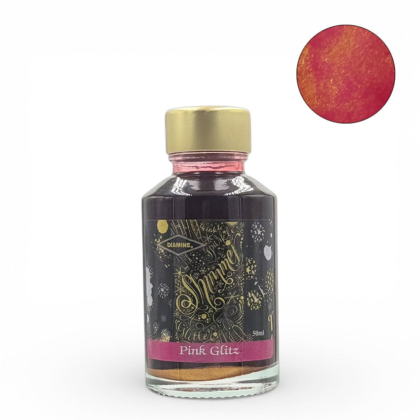 Diamine Pink Glitz Shimmer - 50ml fountain pen ink with gold cap and shimmer particles, perfect for vintage pens.