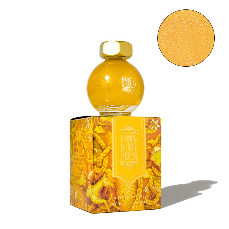 Ferris Wheel Press Once Upon a Time - Plaited Gold Tress fountain pen ink, 20ml, in a glass jar with gold-tone lid, showcasing shimmering gold hue.