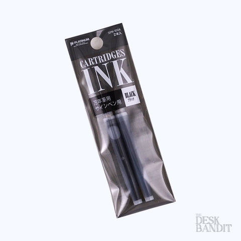 Ink Cartridges (2 pack) - Black, Platinum brand, SPN-100A model, displayed in a retail blister pack, designed for fountain pens, showcasing two visible black ink refills.