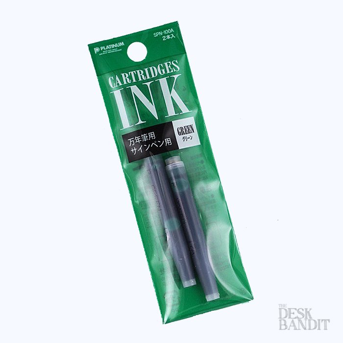 Retail blister-pack of Platinum Ink Cartridges (2 pack) - Green, featuring two fountain-pen ink cartridges in a branded package marked CARTRIDGES INK.