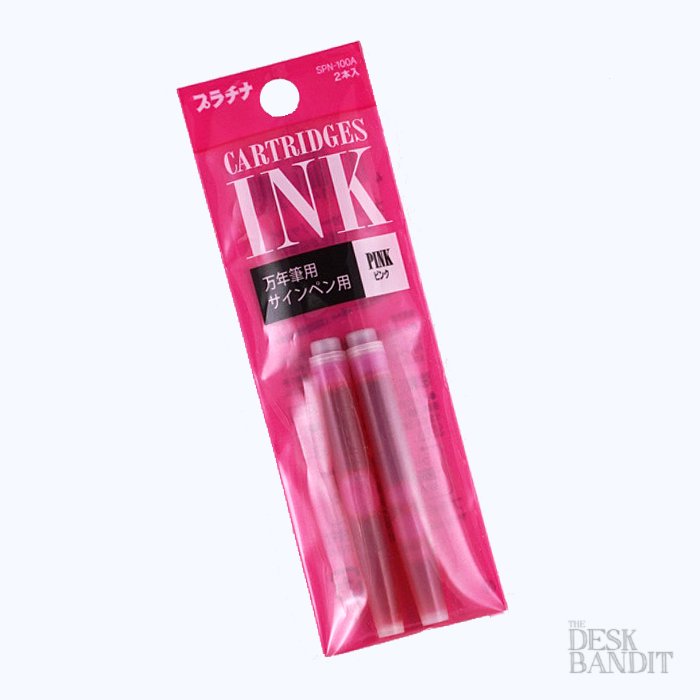 Ink Cartridges (2 pack) - Pink in a blister pack with two translucent cartridges, labeled “CARTRIDGES INK,” suitable for Platinum pens.